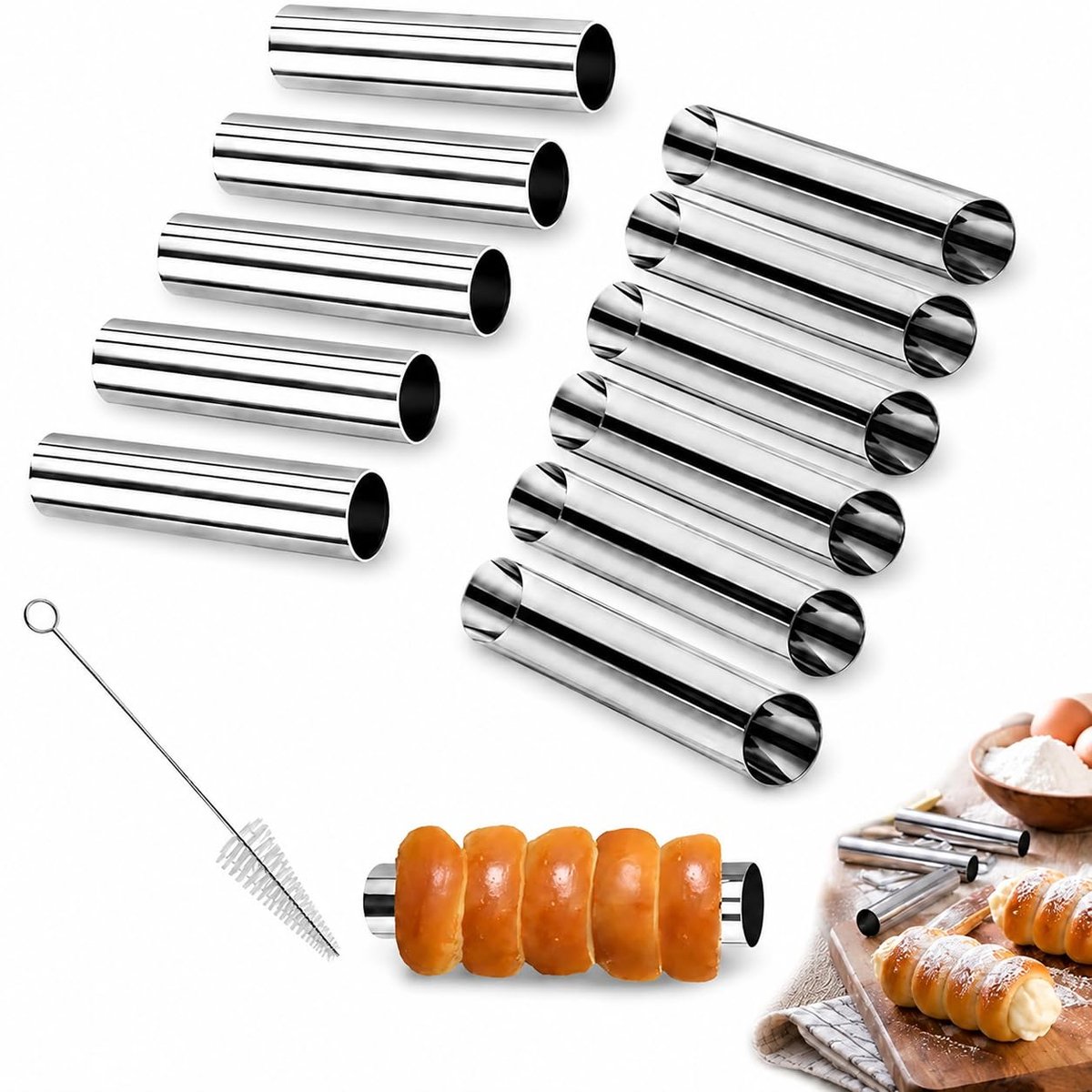Bakvorm Set – RVS Schuimrollen & Rolvormpjes met Reinigingsborstel – Croissant- en Roomrolvormen voor Oven en Frituur – Roestvrijstalen Bakhulpmiddelen