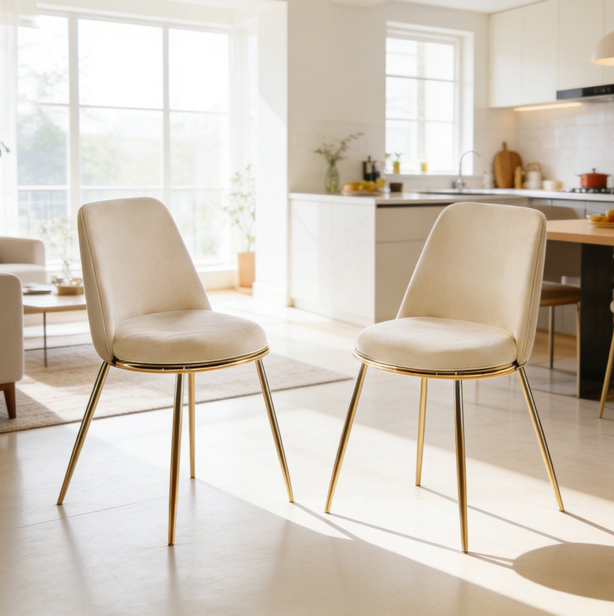 DESMIU Eetkamerstoel - Normale Eetkamerstoel - Set Van 2 - Hoge Rugleuning En Goudkleurige Metalen Poten - Voor Eetkamer En Kaptafel - Velvet Roomwit Cream White