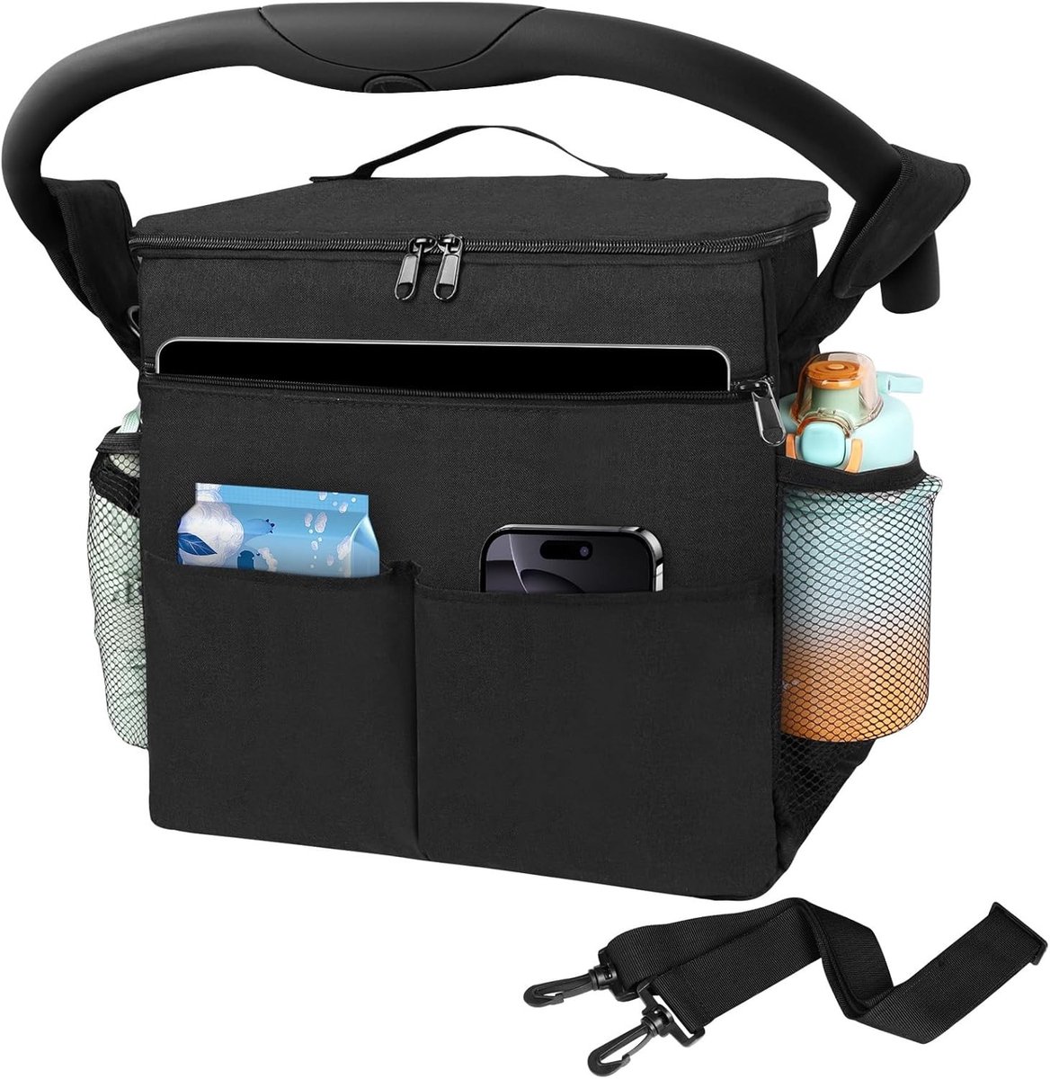 Grote en verbeterde kinderwagen organizer met geïsoleerde fleshouder, 2 mesh zakken en verstelbare schouderriem, ideaal voor luiers en babybenodigdheden