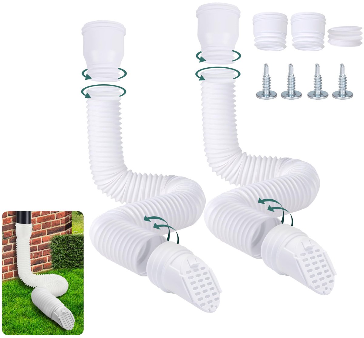 Flexibele Regenpijp Verlenger, 80/100 mm Ronde Verlenger met Drainage rooster voor Regenpijp, Afvoerverlengset, Uitbreiding van 47 tot 150 cm, Regenpijp Accessoires (Wit, 2 stuks)