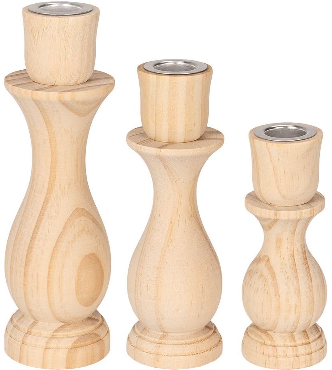 mit Herz Kandelaar voor staafkaarsen | set van 3 kandelaars van hout | natuur | met metalen inzetstuk | 12, 15 en 18 cm hoog | 3 stuks | voor staafkaarsen met een diameter van 2,2 cm