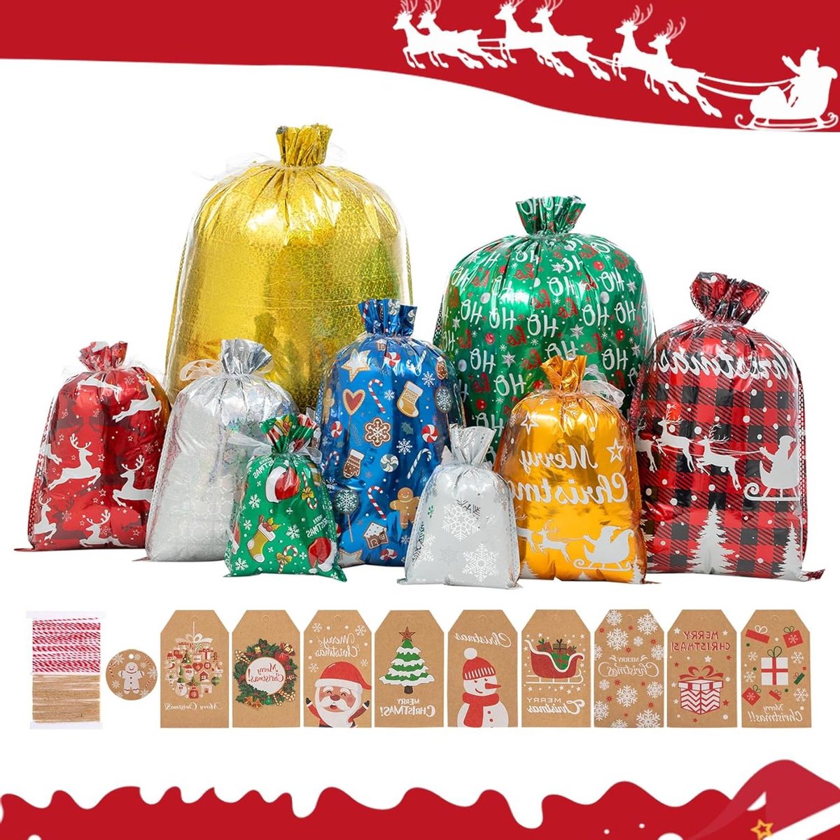 Kerstcadeauzakken - Geschenkzakken Trekkoord - Cadeaus Inpakken - Met Geschenktags - 52 stuks - Multicolor