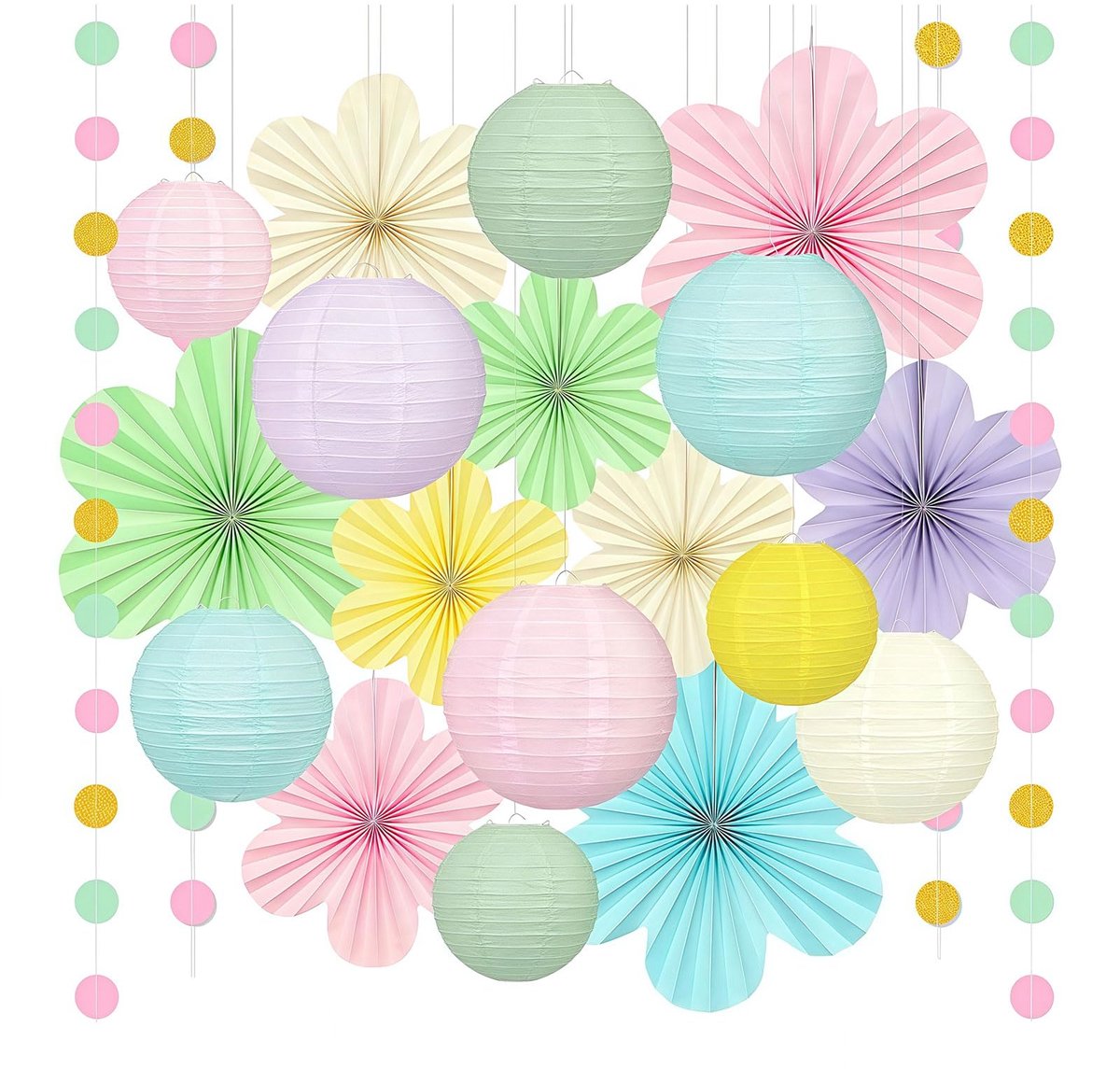 Party-Deko, Papieren slinger met glinsterende decoratie, Hangende lantaarns en waaiervormige bloemen voor verjaardag, babyshower of kantoor
