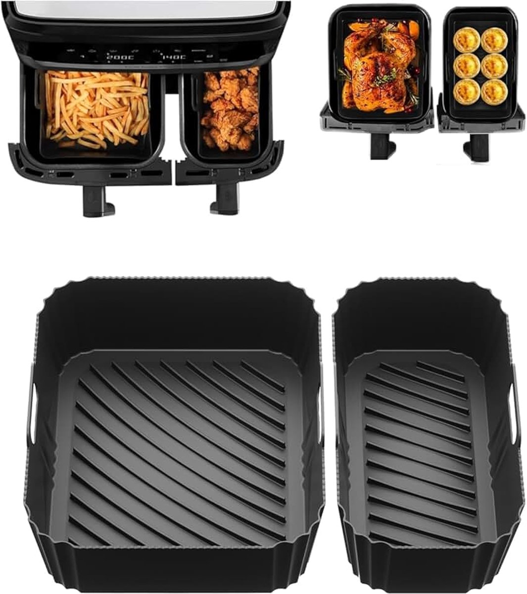 airfryer-inzetstukken, antiaanbaklaag, zwart, 2 stuks, voor Tefal 8,3L Dual, Lakeland 8L, Tower T17099 5,2L/3,3L, vaatwasmachinebestendig