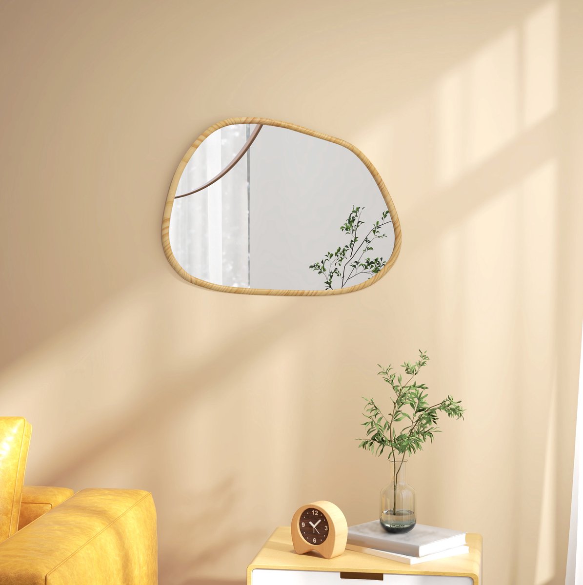 MEUNIQ asymmetrische wandspiegel 70 x 50 cm met houten lijst, natuurkleur, voor badkamer, woonkamer, hal en slaapkamer