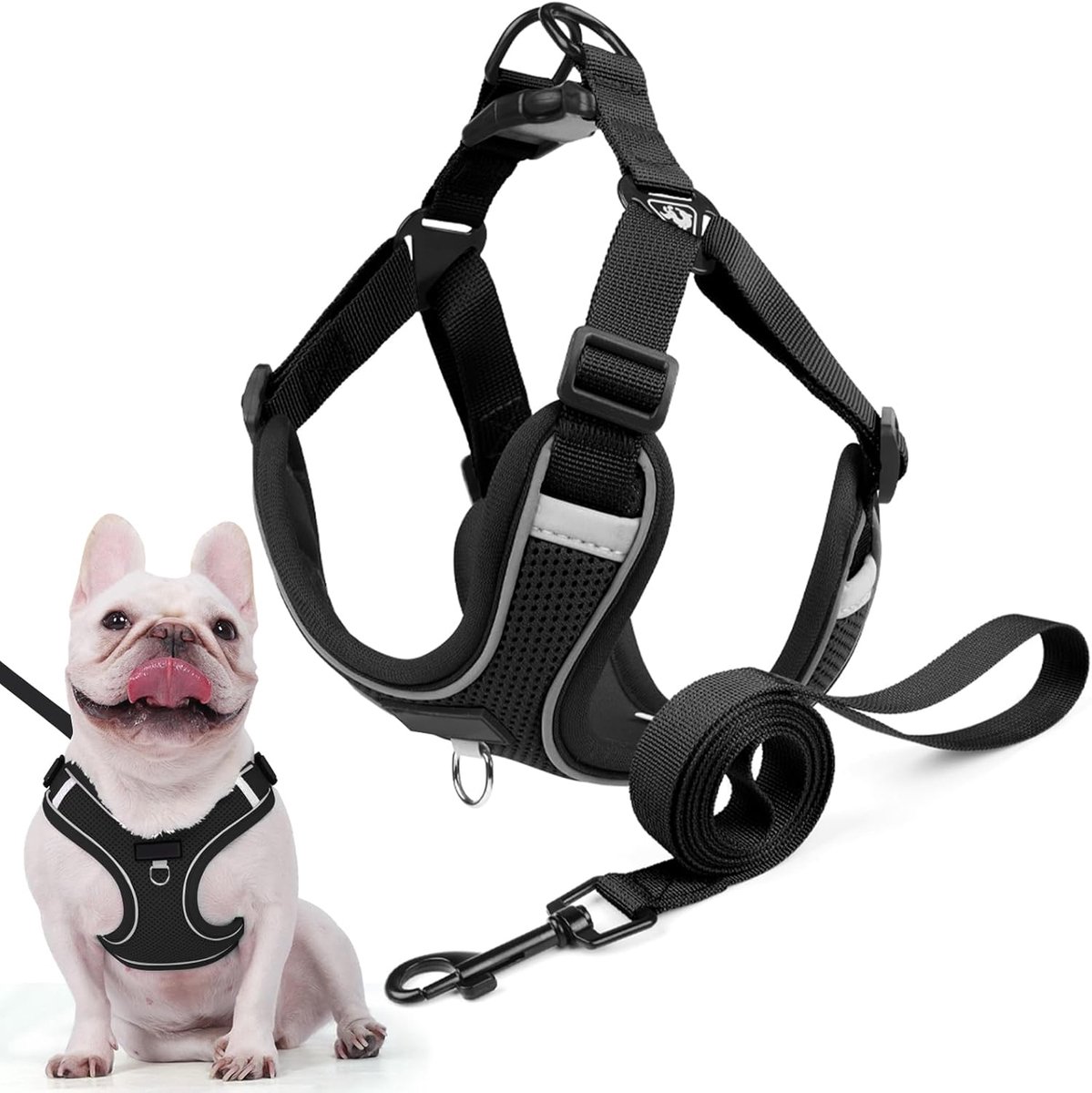 Hondentuigje voor kleine en middelgrote honden, anti-trek, reflecterend puppyharnas met riem, verstelbaar, Air Mesh ademend, borstharnas voor honden, uitlaten, training en reizen (zwart, M)