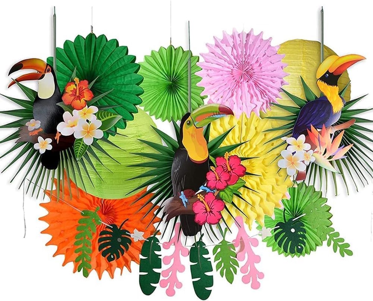 Hawaii feestdecoratie zomerfeestdecoratie tuinfeest verjaardagsdecoratie tropische vogel groen blad slinger papier lantaarns voor tropische zomer strandfeestdecoratie