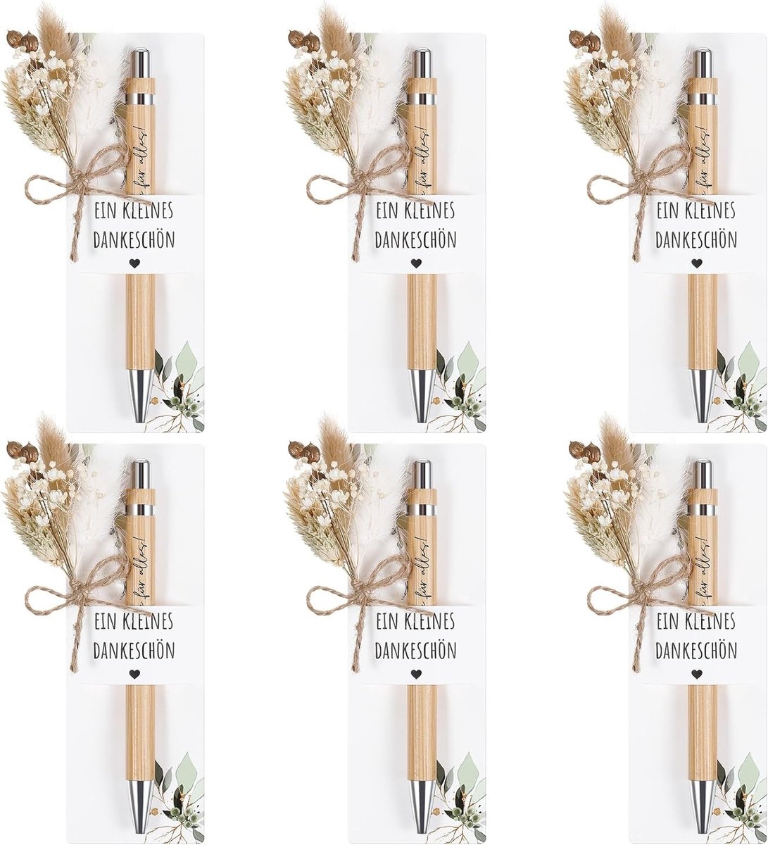 Houten en papieren penhouder met gedroogde bloemen, 6 sets met eucalyptus voor een origineel bedankcadeau