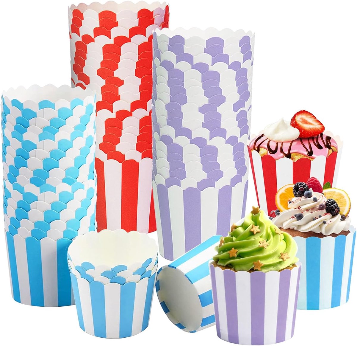 Cupcake-wrappers, 150 stuks, papieren, mini-muffins, cupcakevormen, muffins, voor verjaardagen, bruiloften en feestjes (paars, blauw, rood)