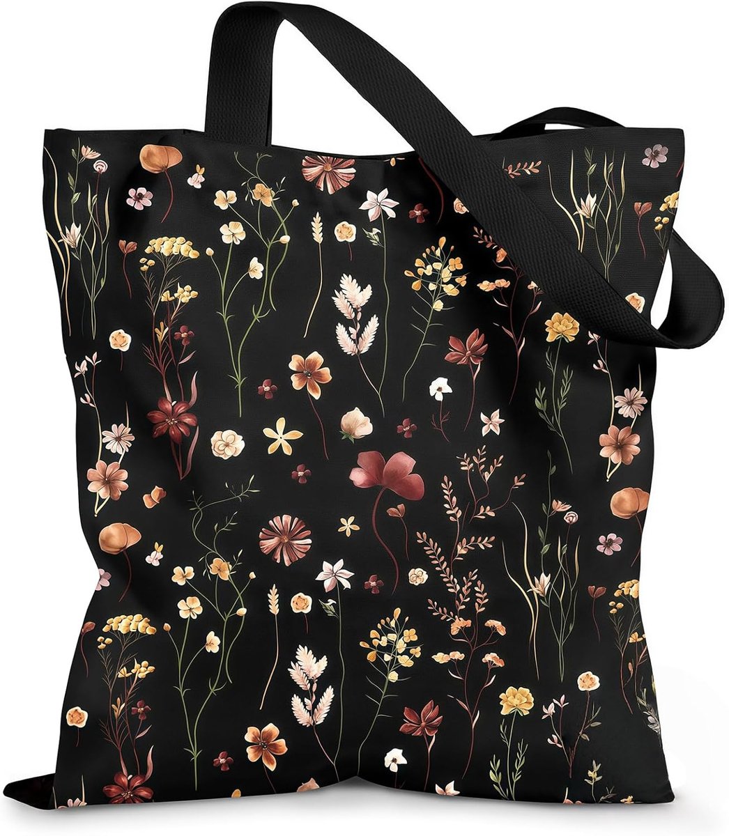 Tote Bag Tas voor Dames – Esthetische Stoffentas met Rits, Schattige, Stijlvolle Herbruikbare Schoudertas voor Winkelen Werk Dagelijks Vakantie, Zwarte Bloemenprint