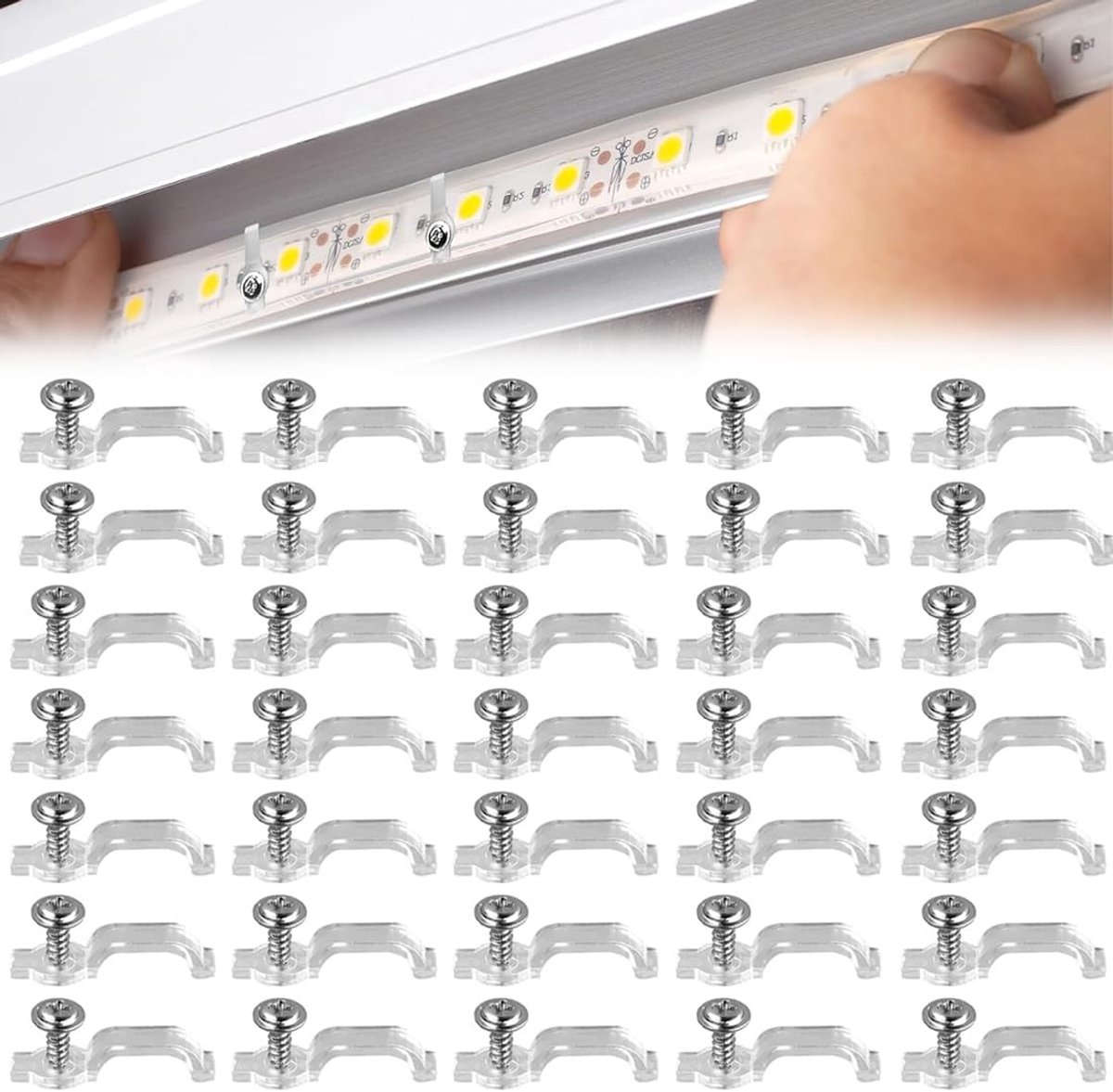 35 stuks bevestigingsclips, ledstrip, bevestiging van 10 mm, voor bevestigingsbeugels, clips, ledstrips, 10 mm, breed, waterdicht, levering met 35 stuks schroeven