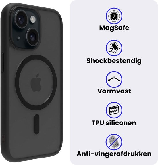 Zwarte hoes met MagSafe-ring. Shockbestendig, vormvast, TPU siliconen, anti-vingerafdrukken.