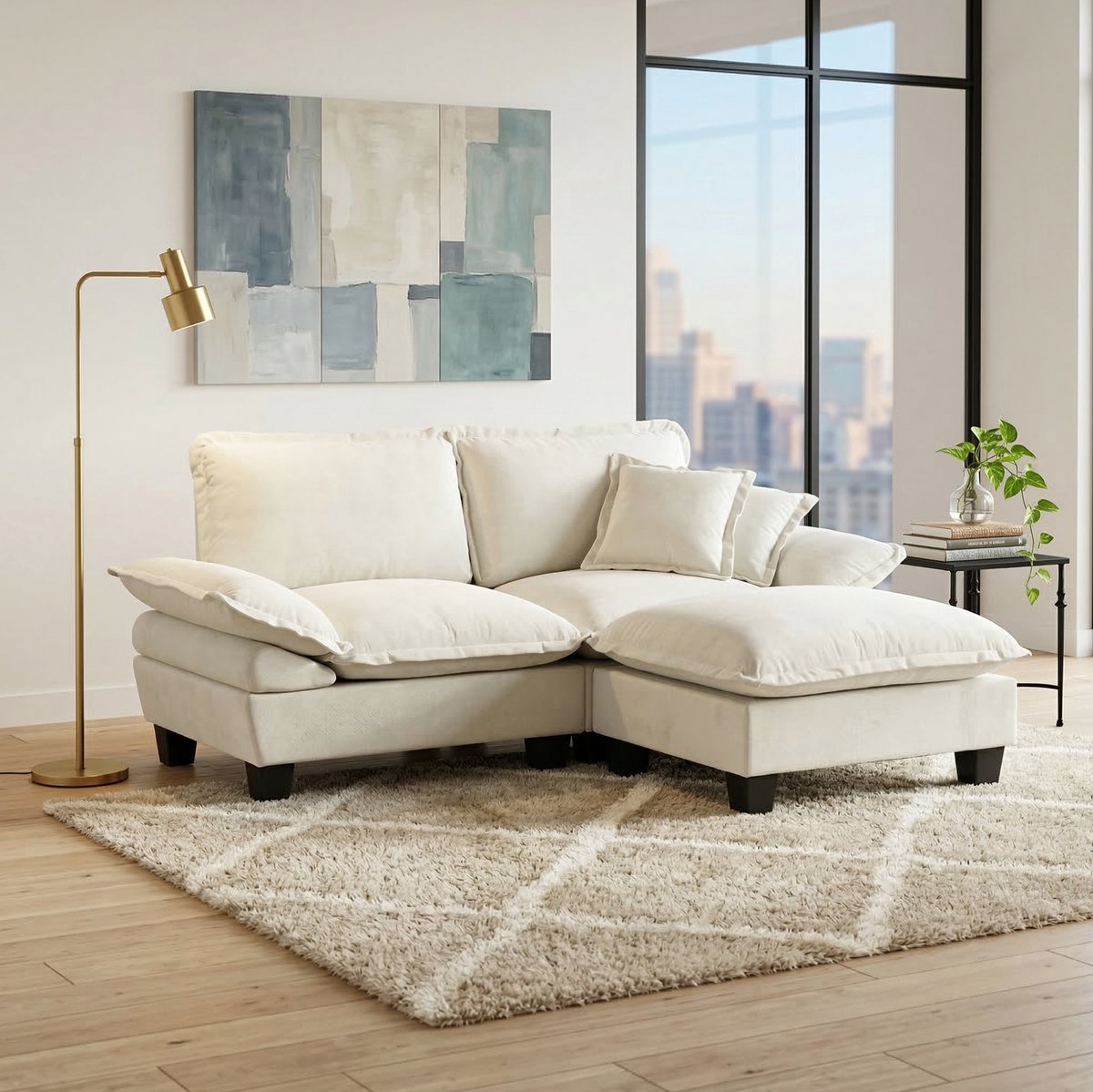 FloraGrace Hoekbank – 3-Zits Modulaire Bank Met Verplaatsbare Ottomane – Zachte Chenille Bekleding & 2 Kussens – Woonkamer Of Appartement – Beige