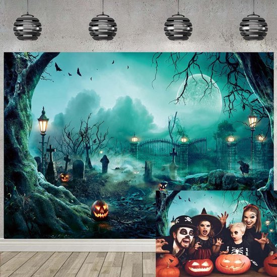 Halloween Fotografie Achtergrond - Griezelige kerkhof-ingang - Coole Pompoen-Vleermuis-Maan-Nacht - Spookhuis Horror Party Decoraties - 180x120cm