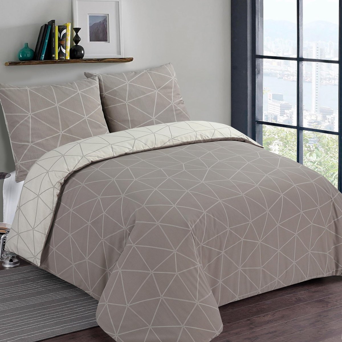 Hugo Beige - 100% katoen - Dekbedovertrekset 260 x 240 cm met 2 kussenslopen van 65 x 65 cm voor een extra groot tweepersoonsbed - Zachte en comfortabele stof - Oeko-Tex gecertificeerd
