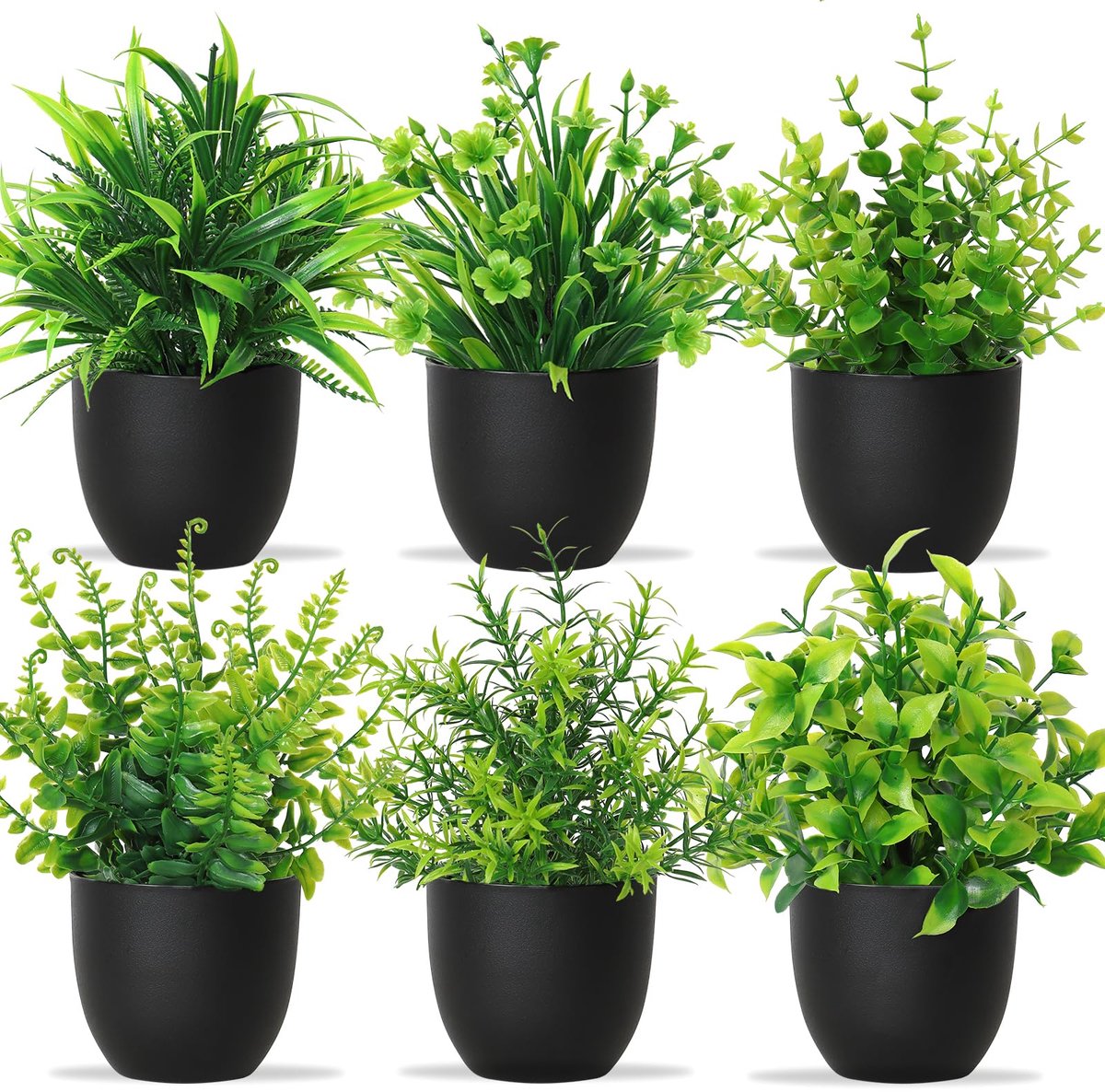 6 stuks kunstplanten met zwarte pot, kleine groene planten, decoratie, kunststof planten, indoor decoratie voor kantoor, huis, slaapkamer, woonkamer, badkamer