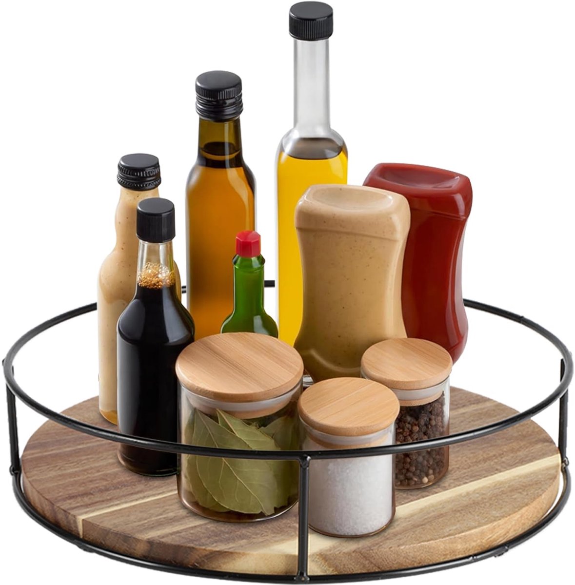 Draaiplateau van hout, 25 cm, draaiplateau voor keuken, van acaciahout met metalen rand, draaibare organizer voor specerijen, werkblad, tafel, keukenaccessoires