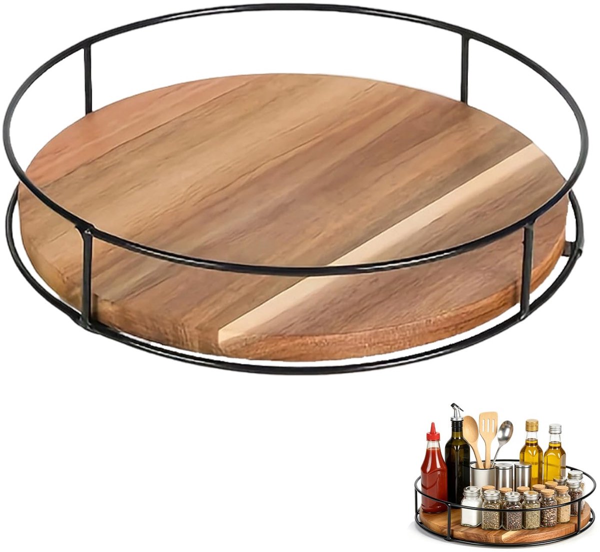 Draaiplateau organizer, 360 graden draaibare ronde kruidenorganizer Lazy Susan van hout voor keuken, commode, kast, werkblad, woonkamer, bergruimte, tafelblad en eettafel