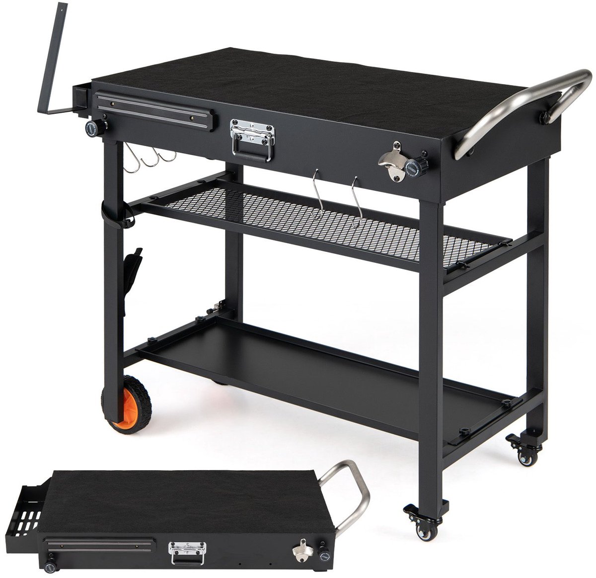 Buitenkeuken op Wielen – BBQ Trolley – Met Opbergkast & Planken – Werktafel voor Buiten – Staal & Metaal – Multifunctioneel – Zwart