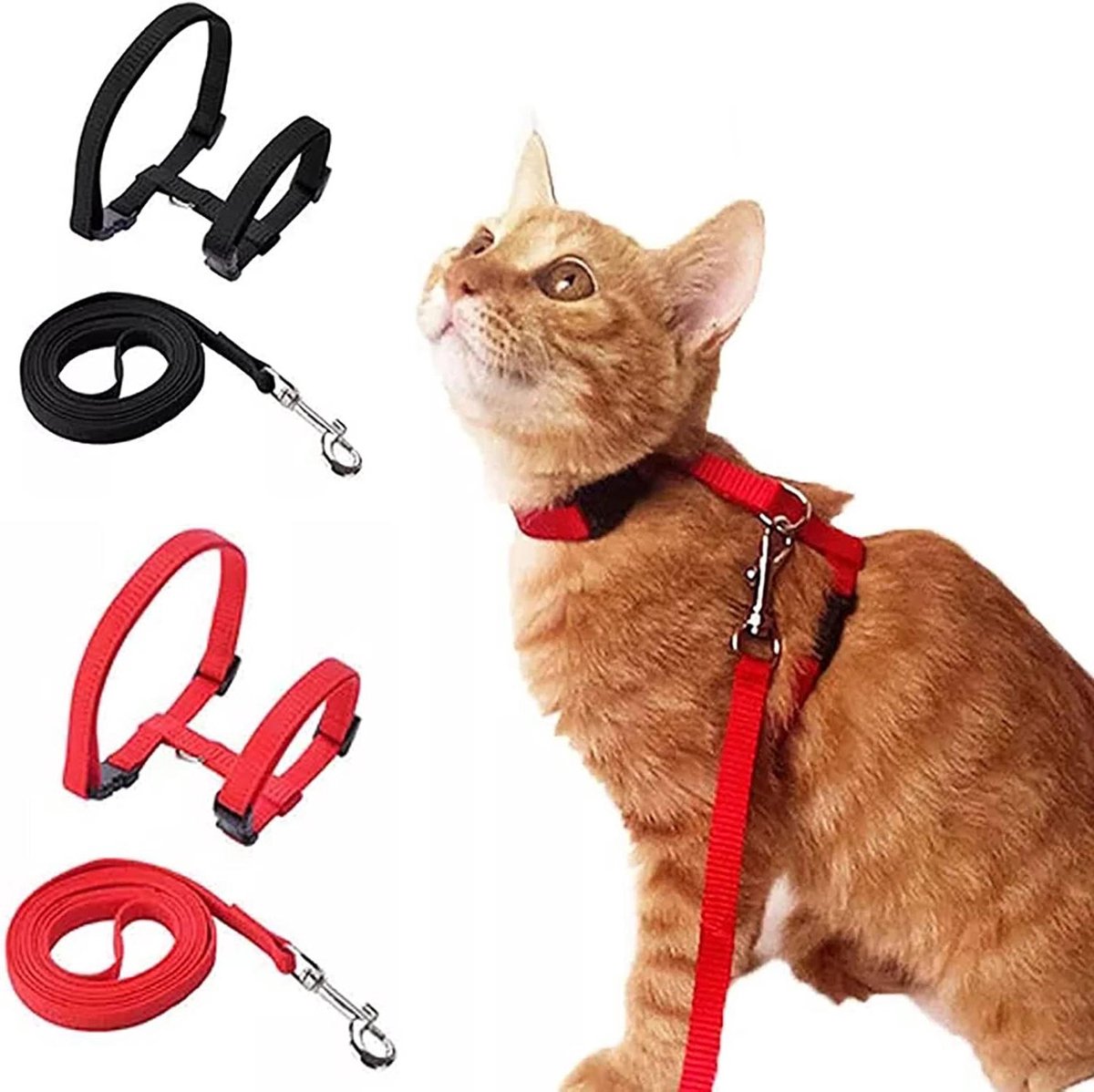Kattenvest met riem - Veiligheidsharnas kitten - Buitenactiviteiten kat - Ontsnappingsbestendig ontwerp - Verstelbaar - Zwart en rood