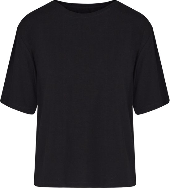 Zwart pyjamashirt met korte mouwen, ronde hals en losse pasvorm.