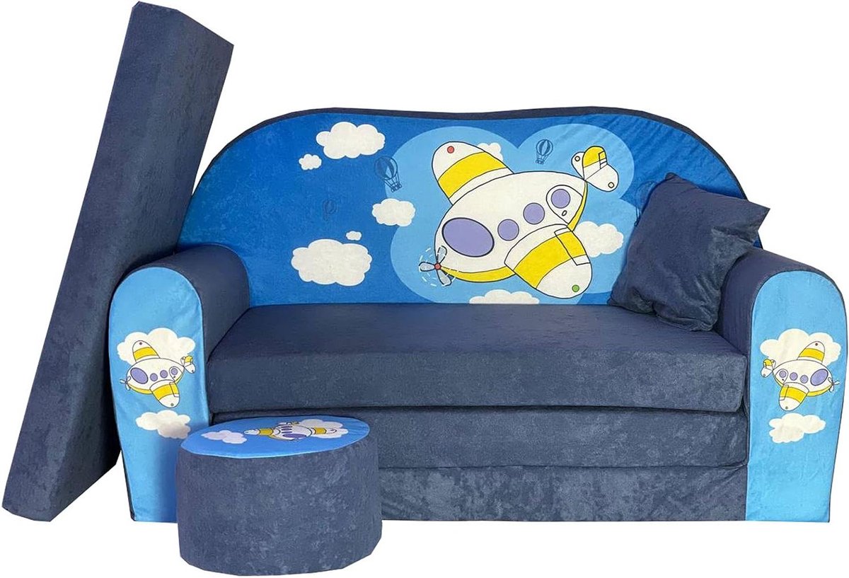 Kinderbank - Opklapbed - Spelen en slapen - Inclusief kussen en kruk - 100 cm breed - Vliegtuig