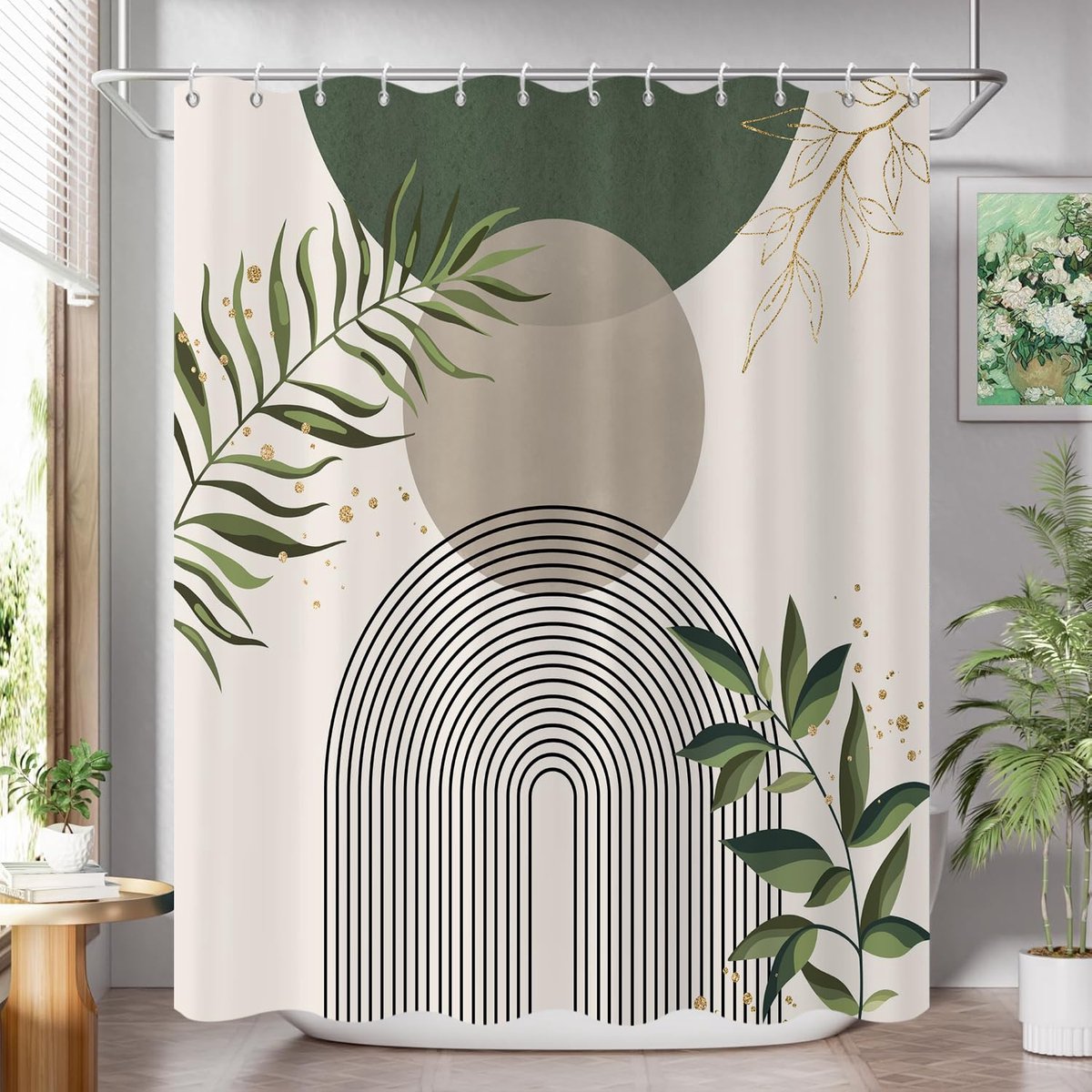 Douchegordijn, 180 x 180 cm, saliegroen, grijs, beige, boho, mid, century, modern, abstract, met minimalistisch blad, waterdichte stof, machinewasbaar, badkamergordijn met haak