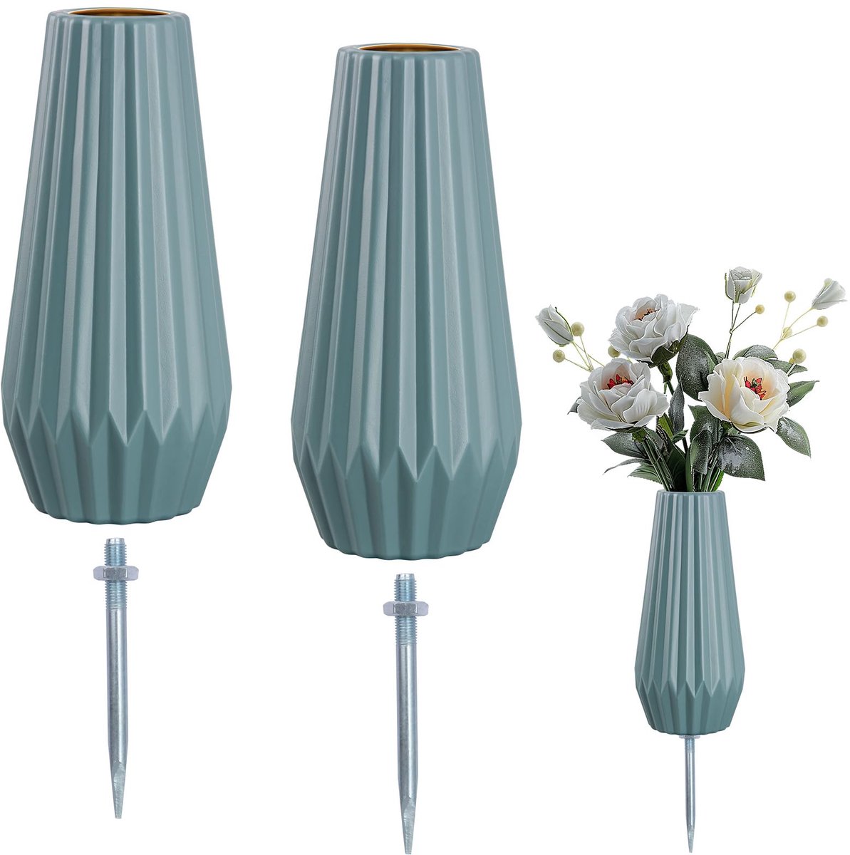 2 stuks grafvazen met metalen spike, 20 cm begraafplaatsvazen, plastic bloemenvaas voor grafdecoratie