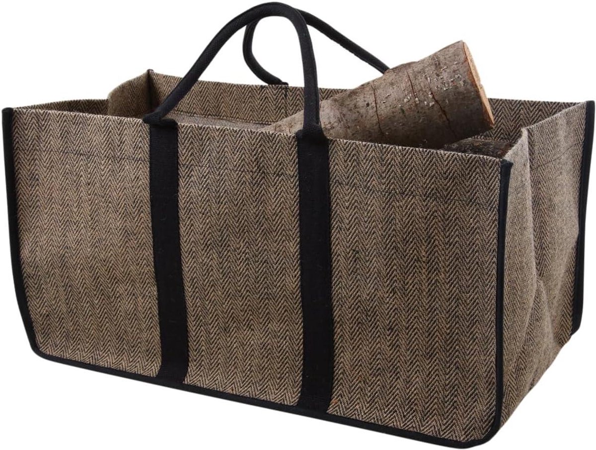 Brandhouttas Jute - Houtzak Kachelhout - Haardhout Opslag - Gecoate Binnenkant - 65 cm - Beige Zwart