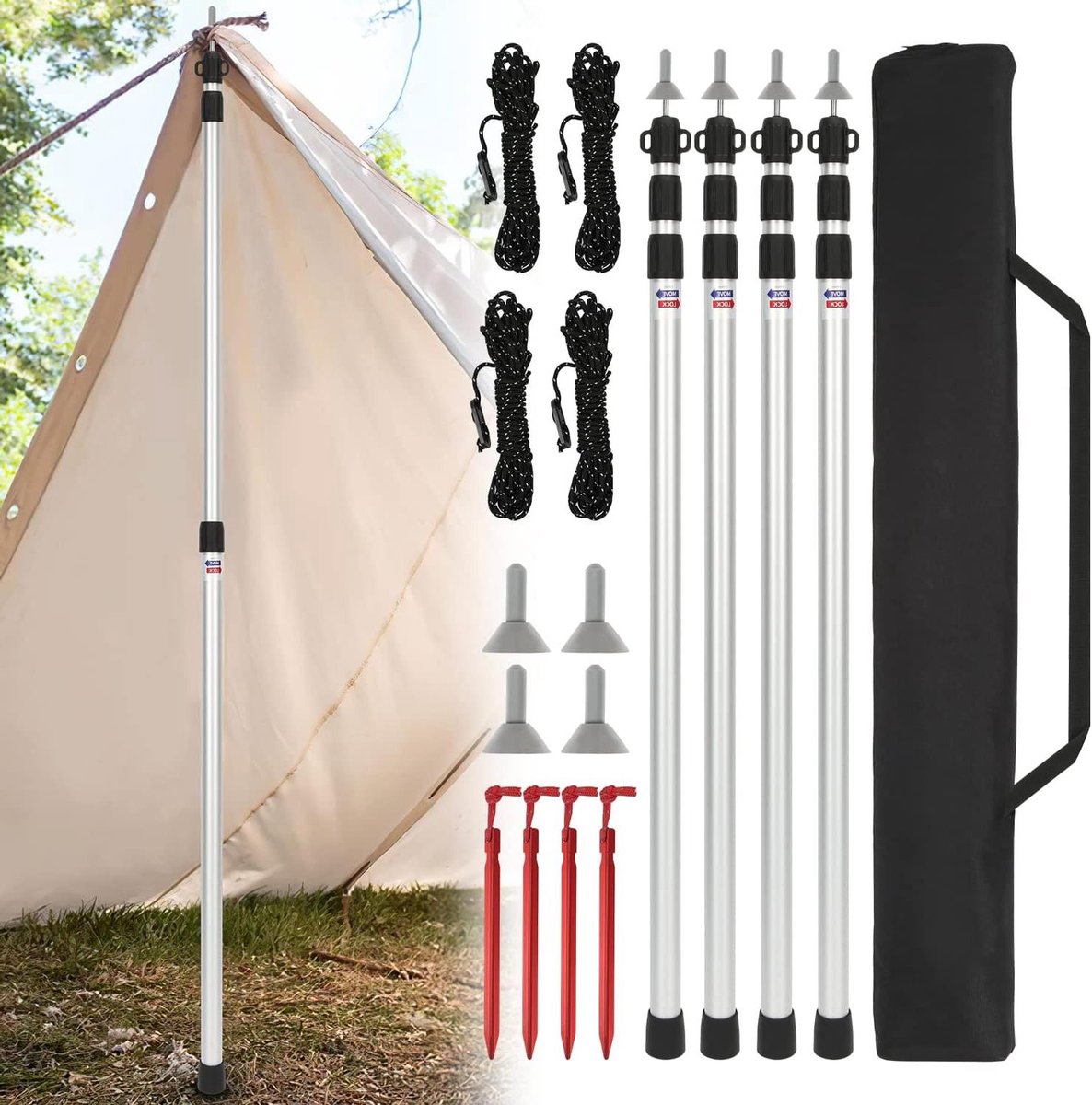 Telescopische Stangen - Tentstokken Opzetstokken - Voortent Ondersteunen - Verstelbaar Twist-Lock Systeem - 90-230 cm - Aluminiumkleur