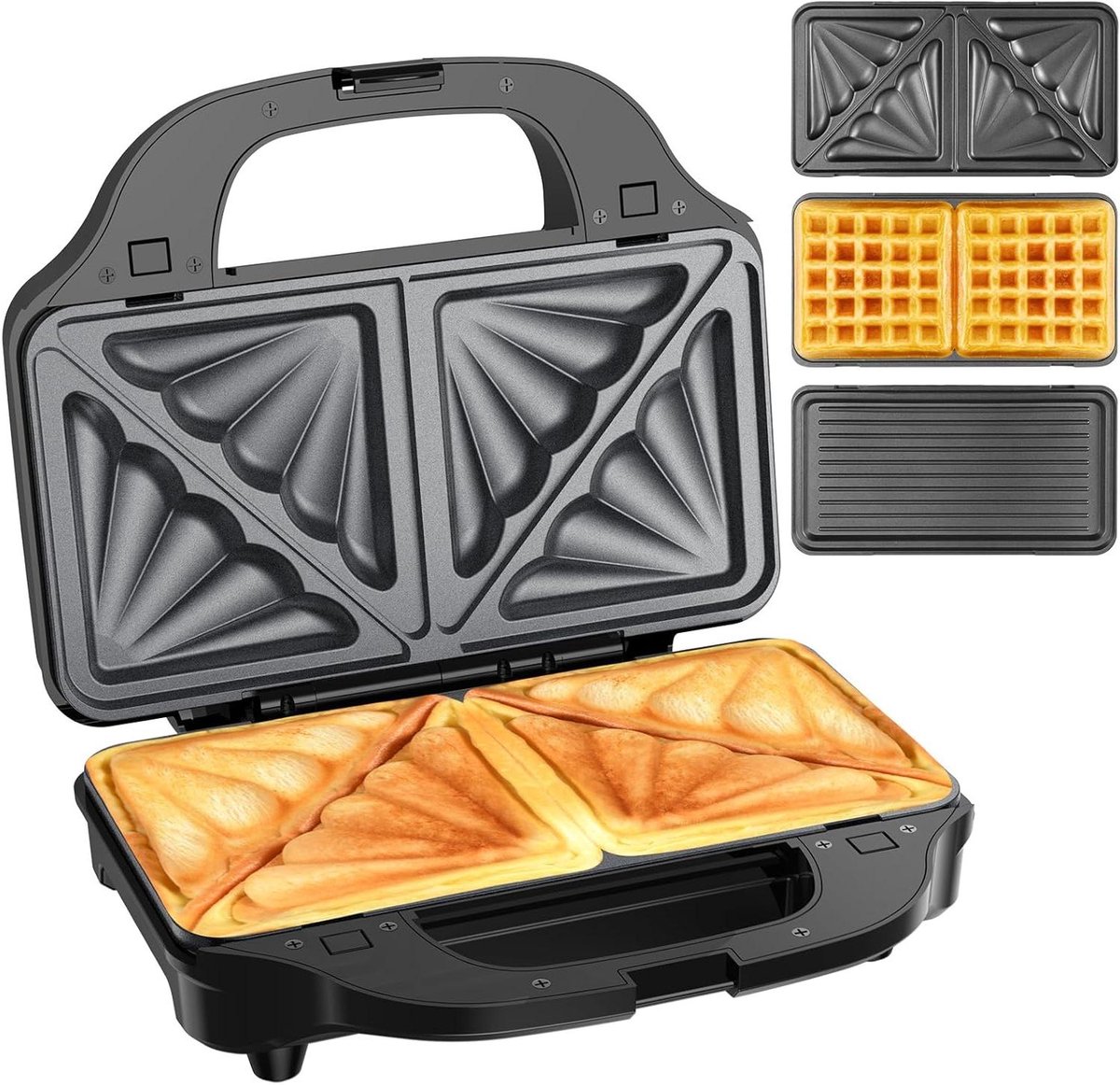 3-in-1 Sandwichmaker - Tosti Apparaat Wafelijzer - Ontbijt Lunch Diner - Verwisselbare Platen - 900 Watt - Zwart