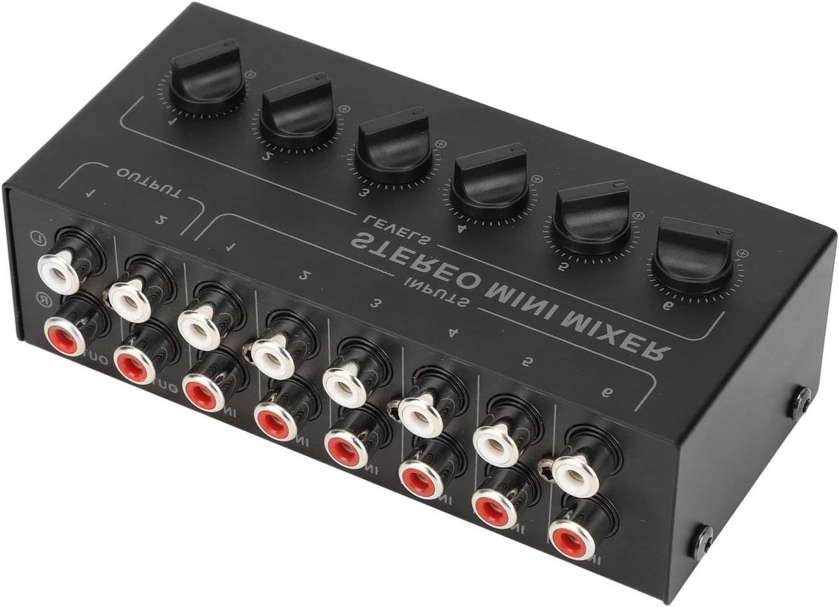 Mini Stereomixer - Passieve Mixer 6-Kanaals Mixer - Muziek Mixen - Onafhankelijke Volumeregeling - Compact Formaat - Metaal