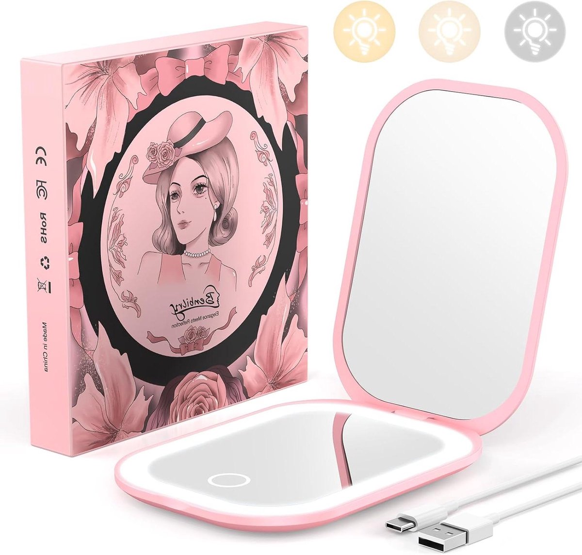 Compacte verlichte reisspiegel met 3 kleuren lichten, 1X/3X vergroting, oplaadbare handheld opvouwbare zakspiegel - lichtroze