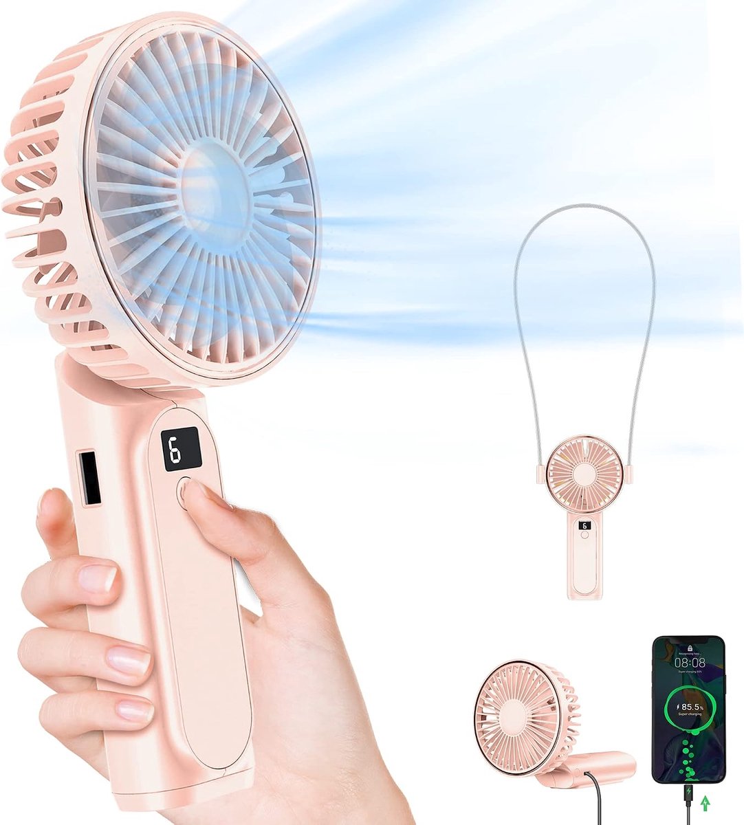 Draagbare handventilator, nekventilator Bureauventilator (4000 mAh), 180° verstelbaar, 6 snelheden, batterij-indicator, inklapbaar, stille persoonlijke ventilator met powerbankfunctie (roze)