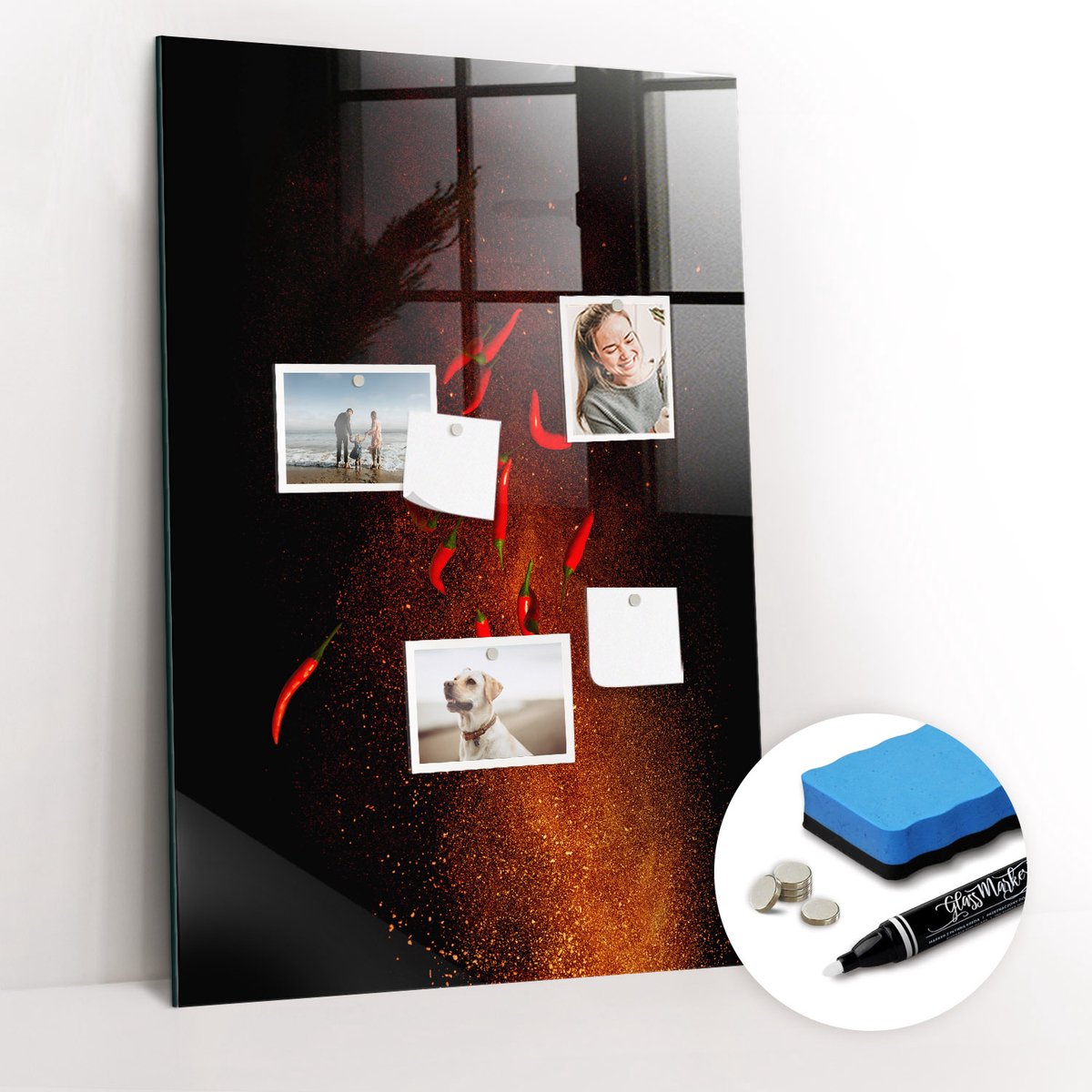 Tulup Whitebord - Hete pepers - 60 x 90 cm - Rood Memo Magneetbord - Gratis 5 Sterke Magneten + Whiteboard Marker & Wisser - Decoratief Magnetisch Bord - Magneetbord Rechthoekig - Productiviteit Tools