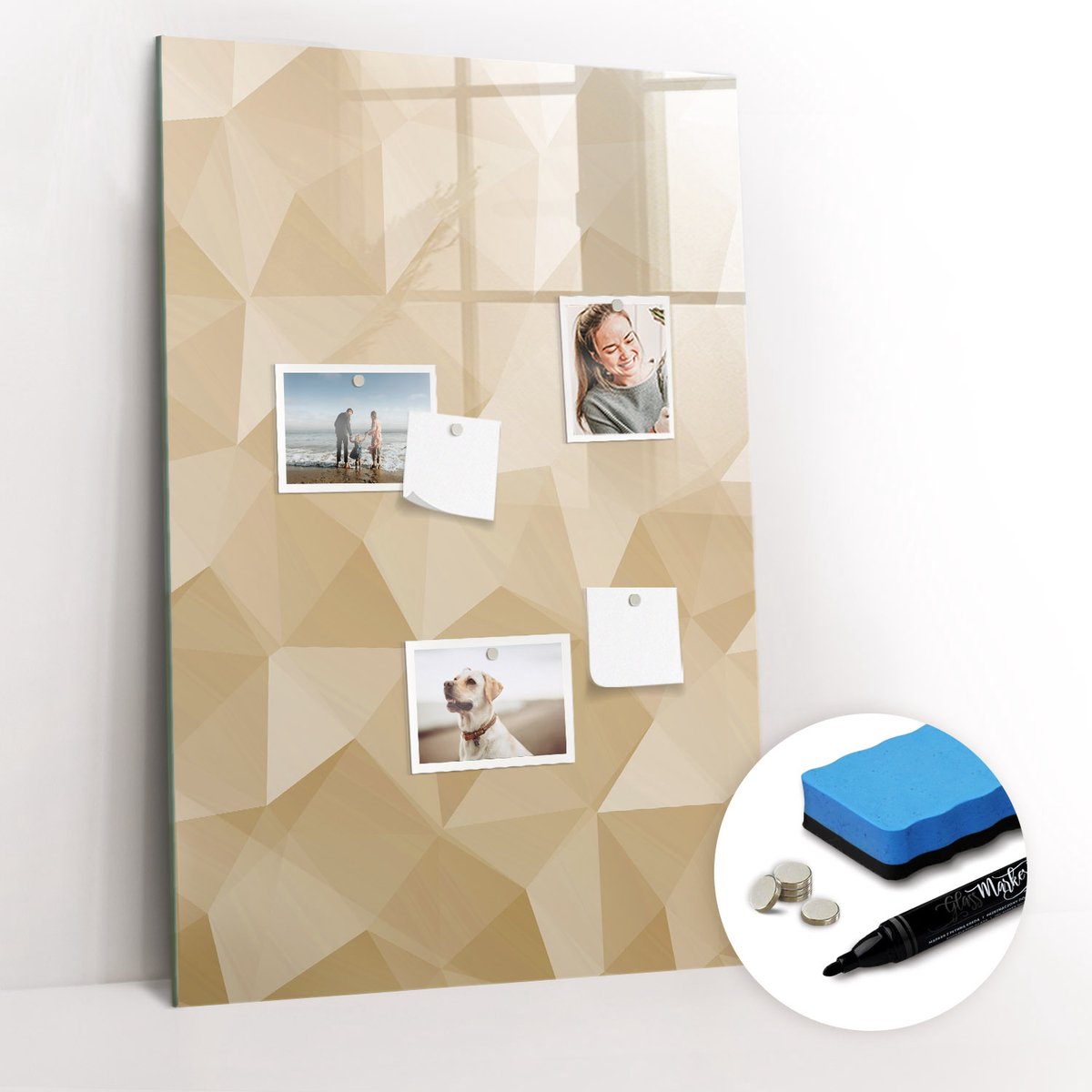 Tulup Whitebord - Abstracte pastelkleurige driehoeken - 60 x 90 cm - Geel Magneetbord Foto - Gratis 5 Sterke Magneten + Whiteboard Marker & Wisser - Organizer Muur - Magneetbord Rechthoekig - Organiseer Je Bureau
