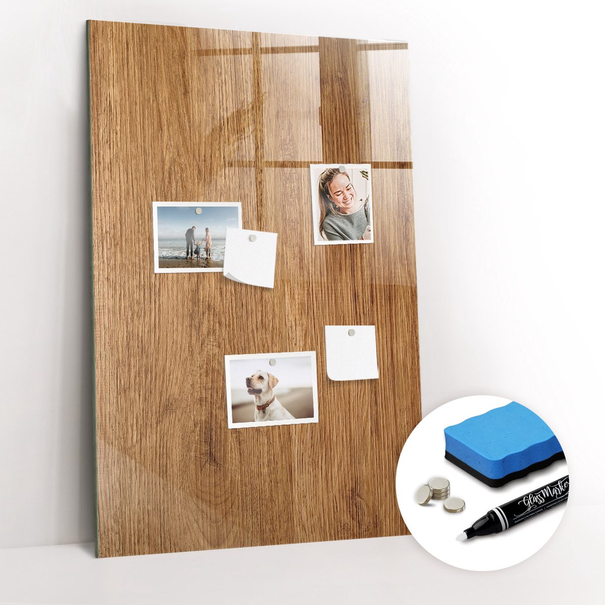 Tulup Whitebord - Licht hout, warme tint - 60 x 90 cm - Bruin Memobord Glas - Gratis 5 Sterke Magneten + Whiteboard Marker & Wisser - Organizer Muur - Magneetbord Design - Planning Muur