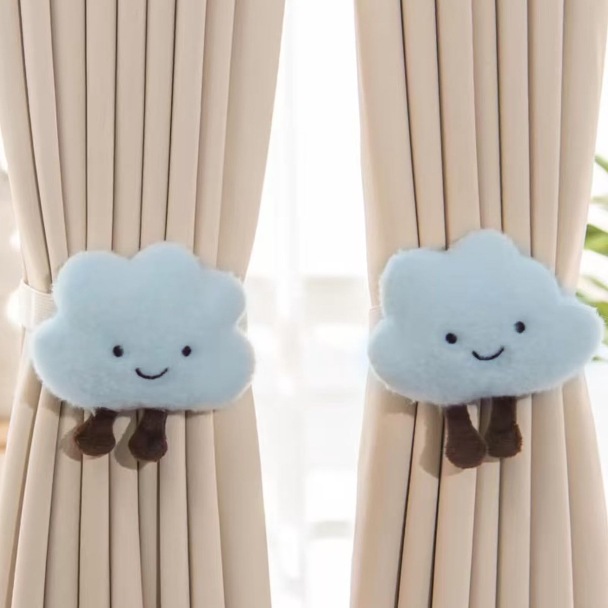 2-pack gordijnklemmen, koord met strik, cartoonwolk gordijnhouder, wolken gordijnbinders, gordijnbinders, gordijnhaken, ringen en wolken voor kinderkamerdecoratie