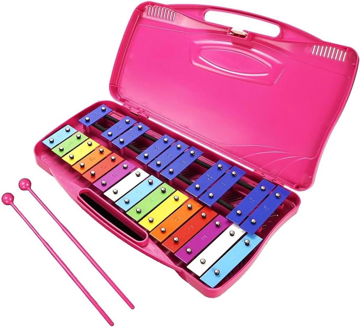 25 Toon xylofoon - Kleuren xylofoon - Muziek Leren - 25 Kleurrijke Metalen Toetsen - 45 cm Koffer - Roze