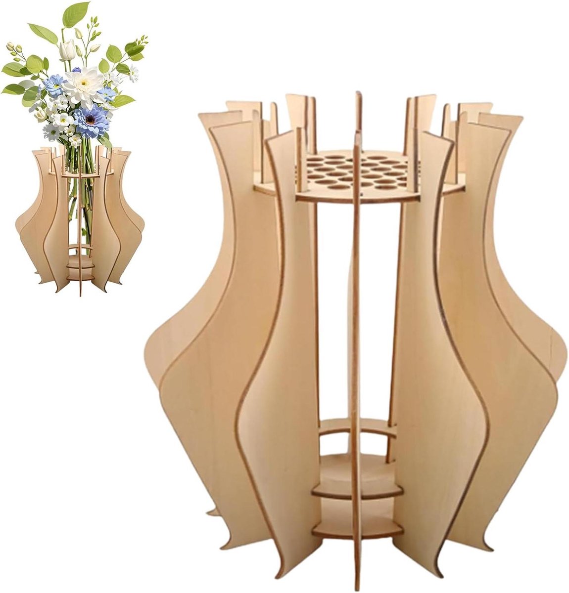 Houten Vaas - Bloemenhouder - Bloemen Schikken - Modulaire Puzzel - 20 x 20 x 15 cm - Natu