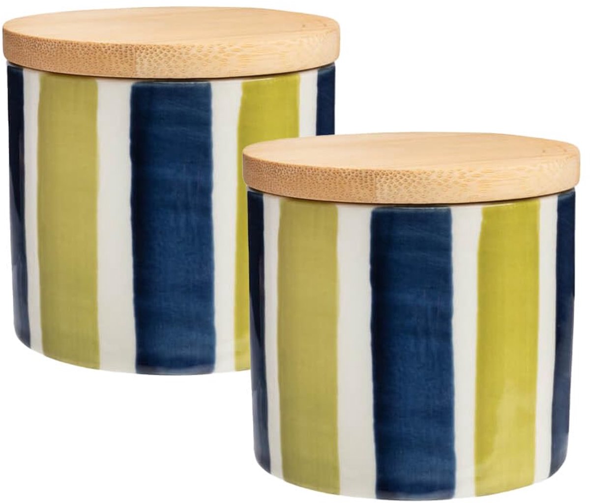 Bewaardoos met bamboedeksel van aardewerk keuken badkamer koekjesdoos, groen-donkerblauw, Ø 7,8 x 7,5 cm