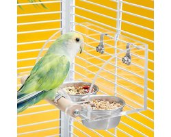 Voer- en waterbak voor vogels met houten standaard, geschikt voor diverse vogels zoals grasparkieten, duiven en vinken - Transparante roestvrijstalen voerbak voor papegaaien - dubbele kom