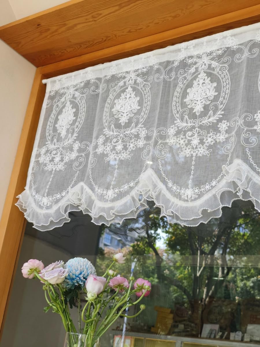 Vitrage barok bistrogordijn Franse keukengordijnen met bloemen borduurwerk gordijn kant wit transparante decoratieve gordijnen kort H x B 65 x 116 cm 1 stuk