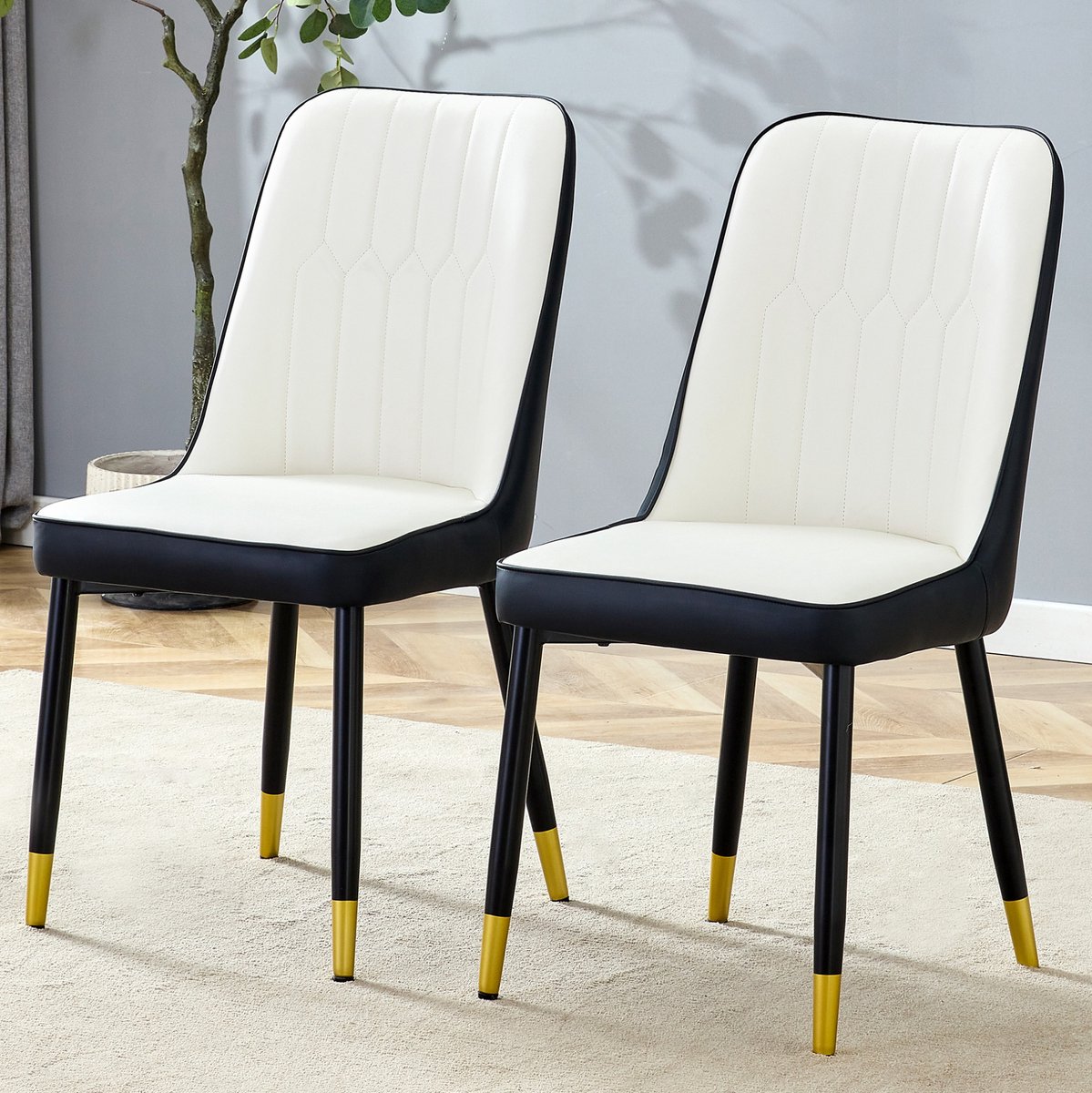 DESMIU Eetkamerstoel Set Van 2 - Moderne Pu-Leren Stoel Met Hoge Rugleuning - Voor Eetkamer En Keuken - Metaal - Wit Zwart