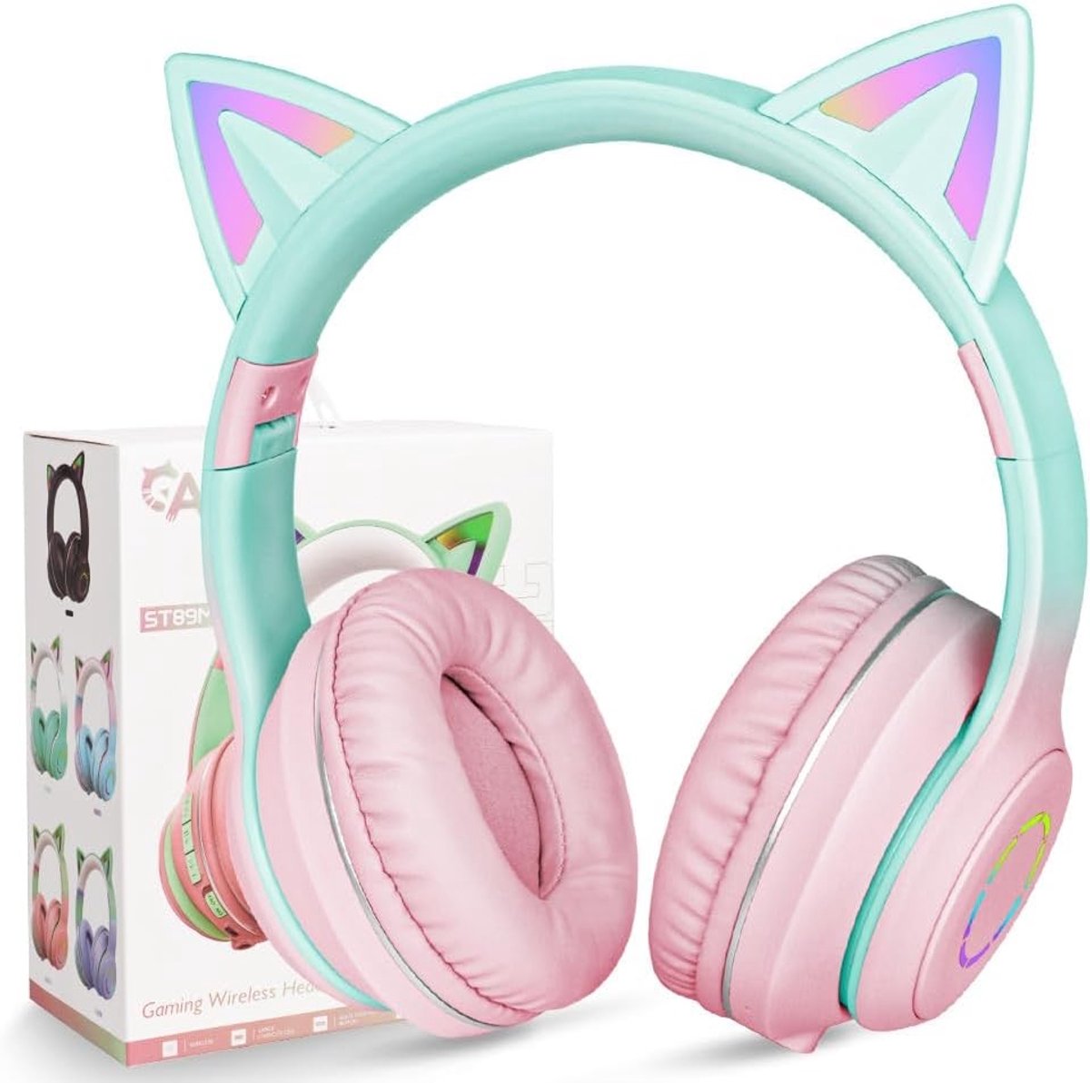 Draadloze Kinderoorkoptelefoon met LED Lichten en Kattenoren, HD Stereo Geluid, 10 Uur Speeltijd, Vouwbaar en Geschikt voor PC, Mobiele Telefoon en iPad