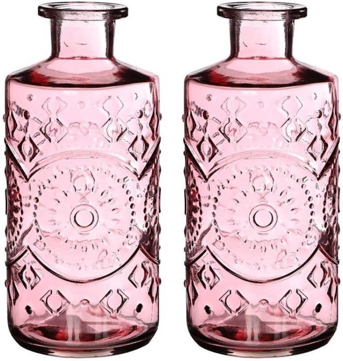 fles set van 2 gekleurde glazen decoratieve fles fles vaas roze Ø9cm H21cm Deco