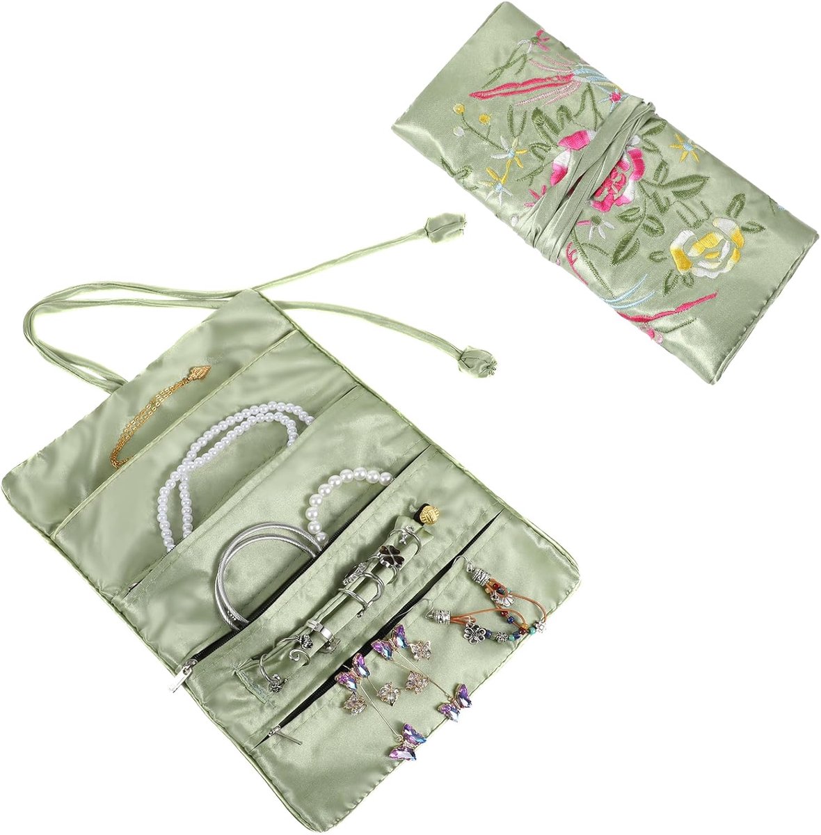 reis sieradentas voor sieradenrol met bloemen en vogel borduurwerk, sieraden organizer, opvouwbare bloemen zijden tas, tuin design borduurwerk voor ringen, halskettingen, oorbellen
