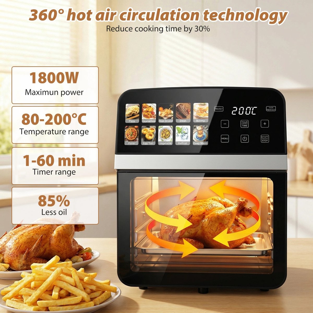 Zerova Heteluchtfriteuse - Heteluchtoven - Oven - Bakoven - Braadoven - 360° Heteluchtcirculatie - Timer - Touchscreen - Zwart – foto 8