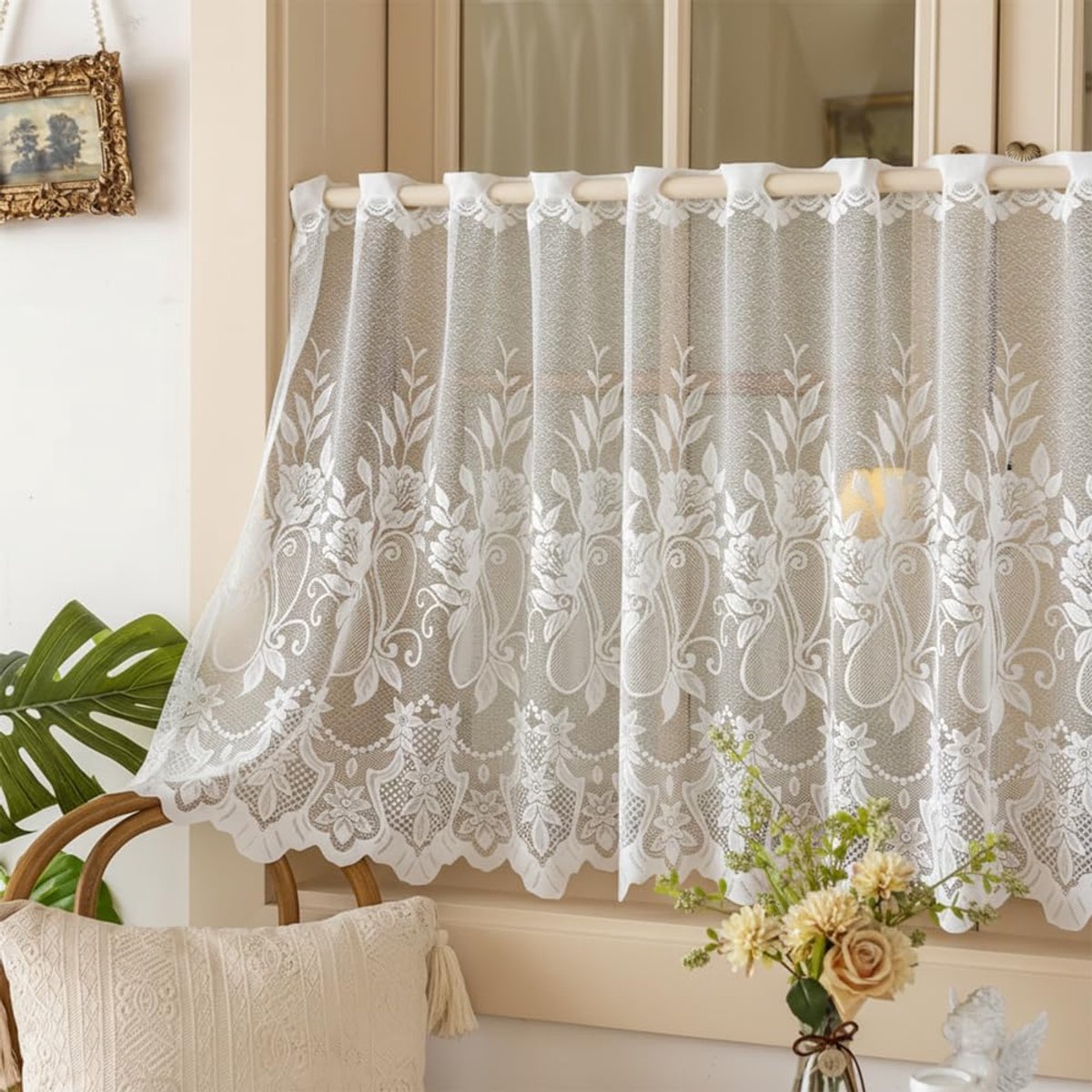 Set van 2 korte gordijnen van geborduurd kant, 140 x 70 cm, kort gordijn, licht en ademend, geborduurde voile gordijnen voor keuken, vensterdeur, woonkamer, landelijke of Scandinavische vorm