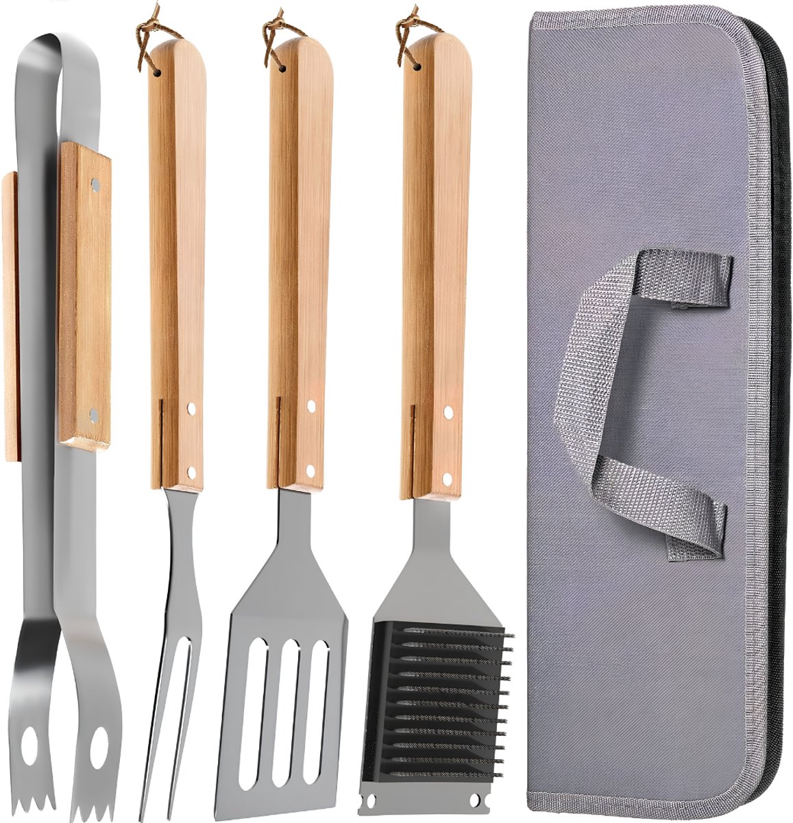 SP® BBQ Accesoires ( set ) - Houten Barbecue Bestek - Hittebestendig en Roestvrij - Beige en Grijs - 38cm x 13cm x 5cm